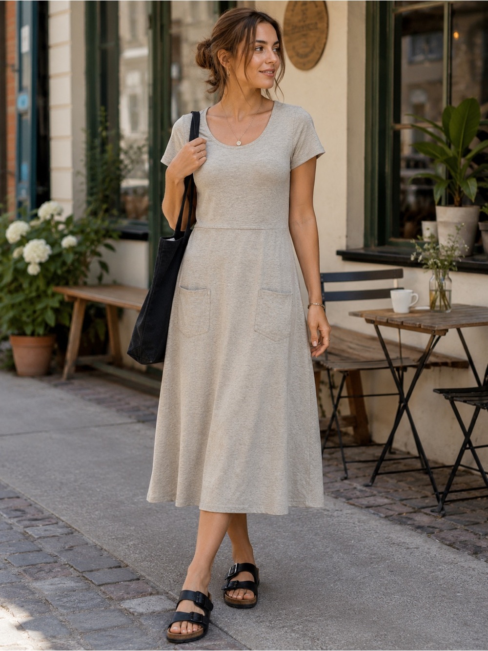 Vintage Northern Traditions S Oatmeal 100% Cotton Midi Dress Pockets Lagenlook